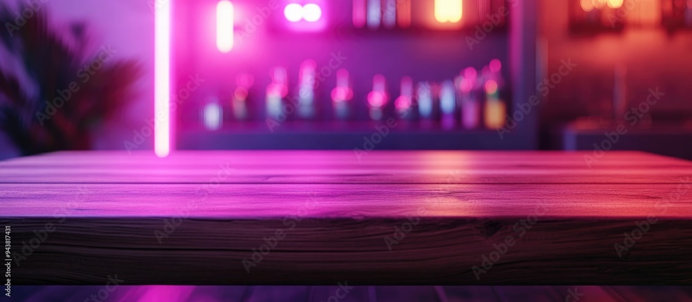 Fototapeta premium 3D rendering of a wooden kitchen table background with a blurred clean abstract interior and bokeh effect suitable for showcasing or mounting wooden dining table designs