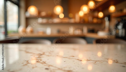 Blurred abstract café house, restaurant, kitchen interior background with marble table top