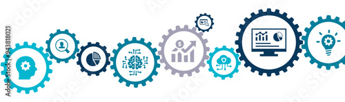 Business Analytics banner vector illustration with the icons of business intelligence, data driven, big data, utilized data, decision making, improvement, performance on white background.