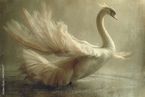 Fototapeta Naklejka Na Ścianę i Meble -  A white swan gracefully floats on top of a body of water