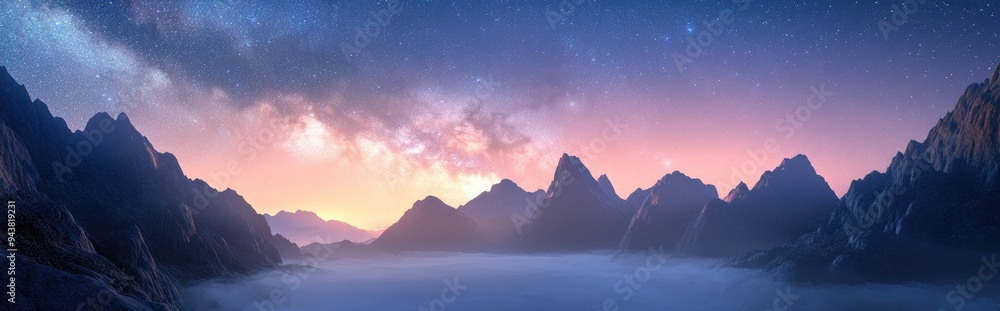 Fototapeta premium 3D cartoon depiction of the Milky Way above a foggy valley