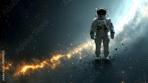 An astronaut stands in space, illuminated by a nebula with a golden glow, surrounded by cosmic dust. photo