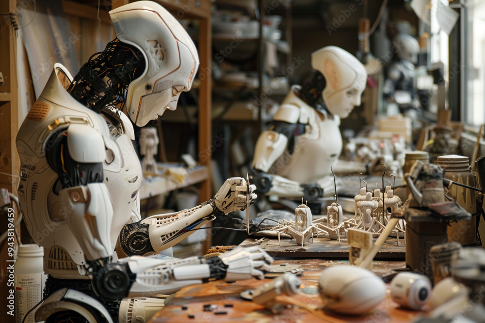 Naklejka premium Robot artists creating intricate sculptures and paintings in an art studio.Two robots are diligently working on a table in a workshop setting