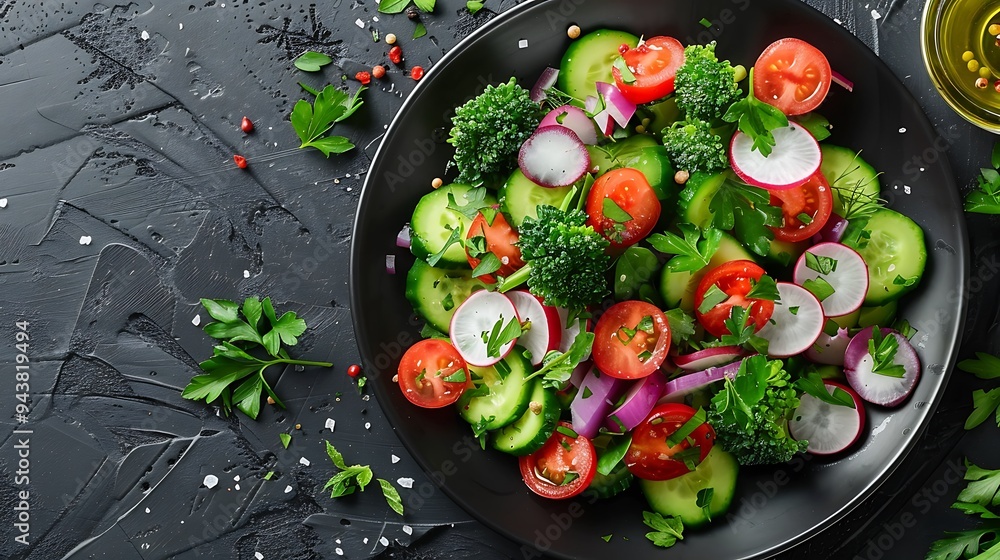 A colorful mix of freshly picked garden vegetables, drizzled with homemade herb dressing, arranged on a dark plate, set against a dark, textured surface, A colorful mix of freshly picked garden vegetables, drizzled with homemade herb dressing, arranged on a dark plate, set against a dark, textured surface,