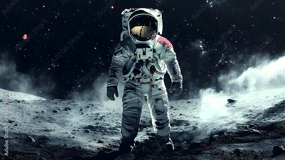 An astronaut stands on a dusty, cratered lunar surface, gazing at the stars. An astronaut stands on a dusty, cratered lunar surface, gazing at the stars.