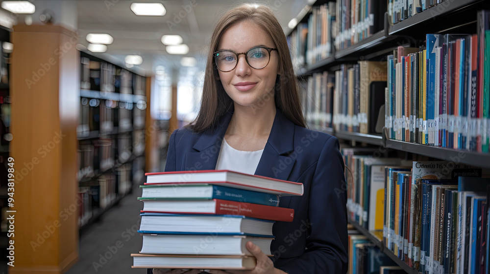  Portrait of a beautiful and smart 20s college student in glasses, holding a stack of books in a university library or bookshop, preparing for an exam