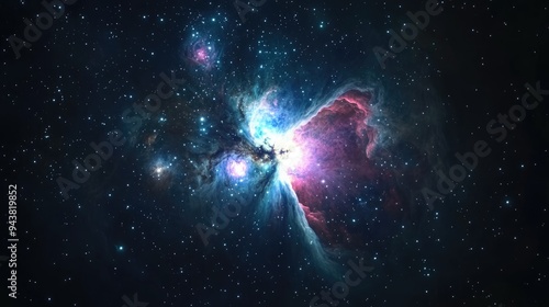 3D cartoon representation of the Great Orion Nebula M42 NGC1976 on a dark night Deep Sky Objects with a blurry and soft focus photo