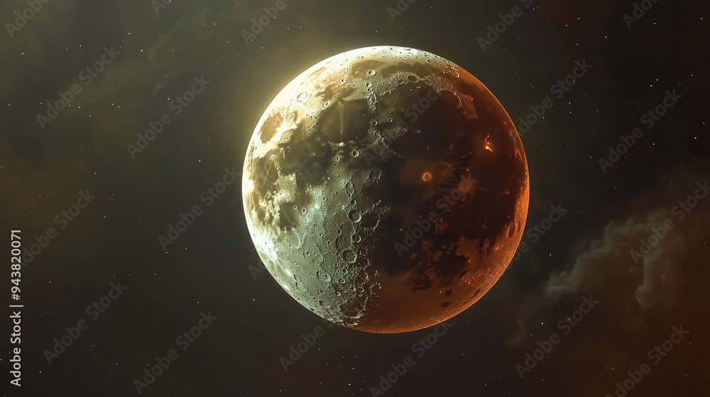 3D cartoon depiction of the full eclipse s final phase of a super blood moon with Earth s shadow receding from the lunar surface against a dark sky backdrop 3D cartoon depiction of the full eclipse s final phase of a super blood moon with Earth s shadow receding from the lunar surface against a dark sky backdrop