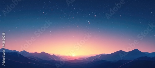 Night sky filled with stars with a sunrise on the horizon in a 3D cartoon rendering showcasing a stunning mountain top view