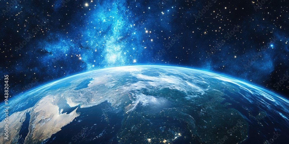 Obraz premium View of Earth with nebula stars and galaxy in a 3D cartoon rendering High resolution sci fi wallpaper showcasing Europe Africa and Asia from a space perspective