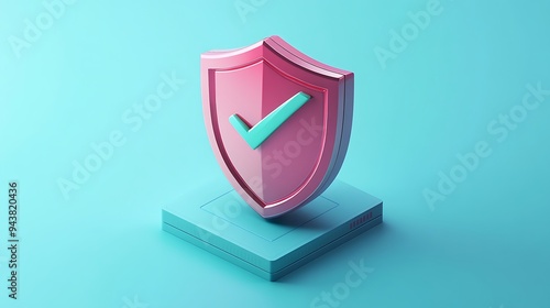 3D illustration of a pink shield with a checkmark on a blue background, symbolizing security, protection, and safety. photo