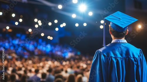 Proud Graduation Moment - Student on Stage with Audience in Blue Light Ambience