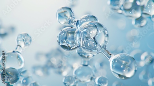 Water molecules and closeup of water on a light blue white gradient background, light gray tone, transparent glass material.