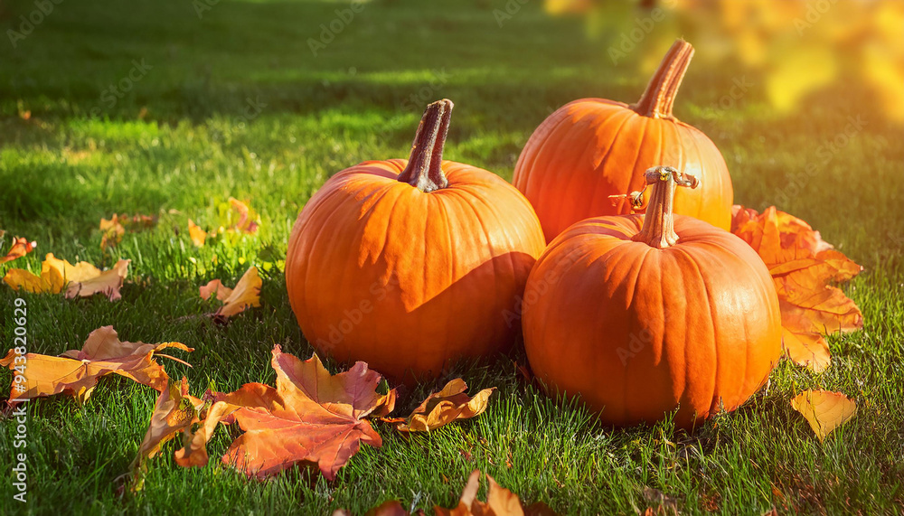 Orange pumpkins on green grass in a peaceful autumn garden with fallen leaves. Seasonal harvest. Orange pumpkins on green grass in a peaceful autumn garden with fallen leaves. Seasonal harvest.