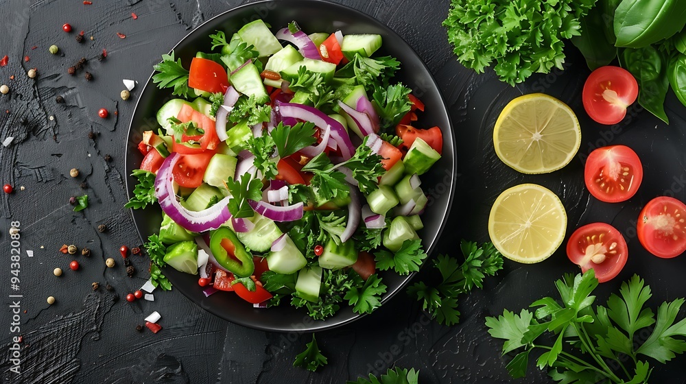 A colorful mix of parsley, cilantro, basil, and crunchy vegetables, drizzled with lemon dressing, on a dark, textured surface, showcasing the vivid colors and crisp textures, with soft, A colorful mix of parsley, cilantro, basil, and crunchy vegetables, drizzled with lemon dressing, on a dark, textured surface, showcasing the vivid colors and crisp textures, with soft,