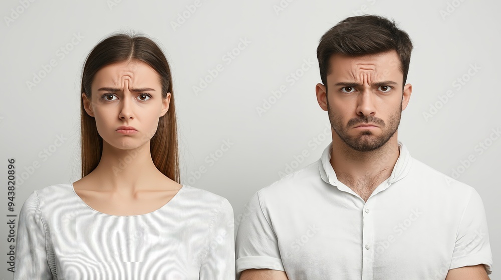 Serious young couple standing side by side, both with furrowed brows and intense expressions.
Serious young couple standing side by side, both with furrowed brows and intense expressions.