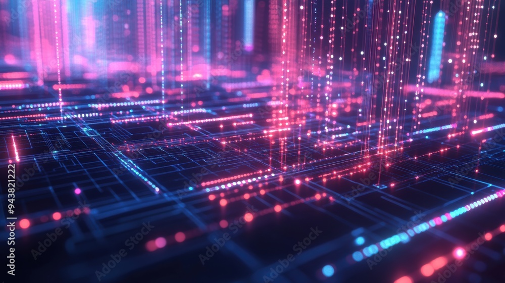 Fototapeta premium 3D network graphs with glowing nodes and lines, floating in an abstract digital space, symbolizing intricate data analysis and connectivity