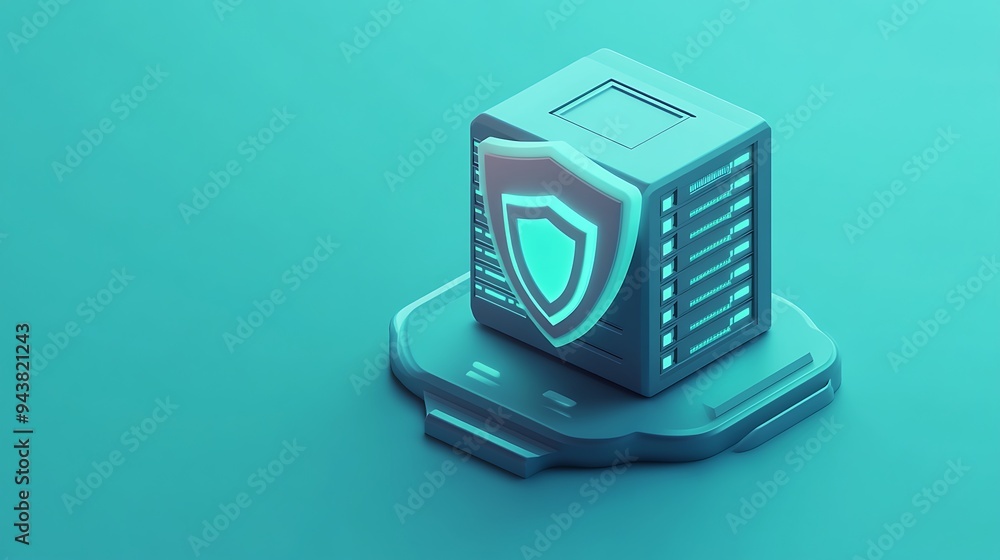 3D illustration of a secure server with a shield symbolizing data protection, cybersecurity, and technology in a teal color scheme. 3D illustration of a secure server with a shield symbolizing data protection, cybersecurity, and technology in a teal color scheme.