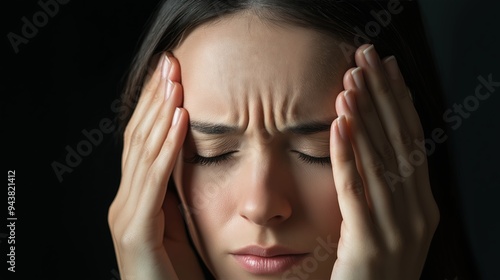 Young woman suffering from a headache, holding her temples with a pained expression.