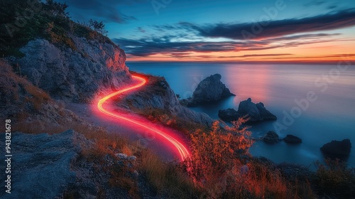 Stunning coastline at sunrise with a red light trail winding along a footpath, capturing the serene beauty of the morning.