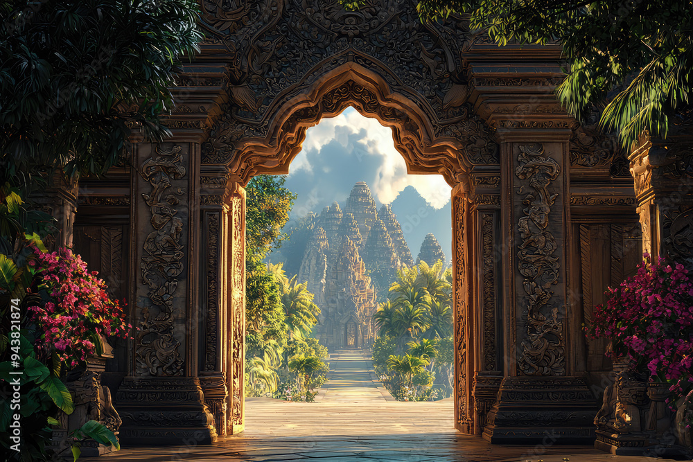 Fototapeta premium Step Into Magic: A Journey Through Ancient Gates to a Lush Paradise Beyond, Bathed in Light and Serenity.