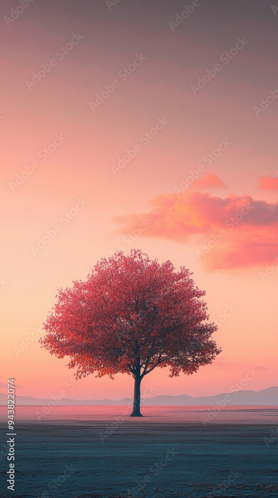 Lonely Small Tree Standing on Vast Plain Lonely Small Tree Standing on Vast Plain