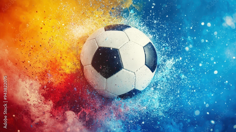 Fototapeta premium A soccer ball is surrounded by colorful smoke and dust, motion and energy