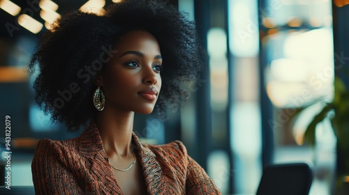 A woman with curly hair and gold earrings is sitting in a room with a laptop, lost in thought