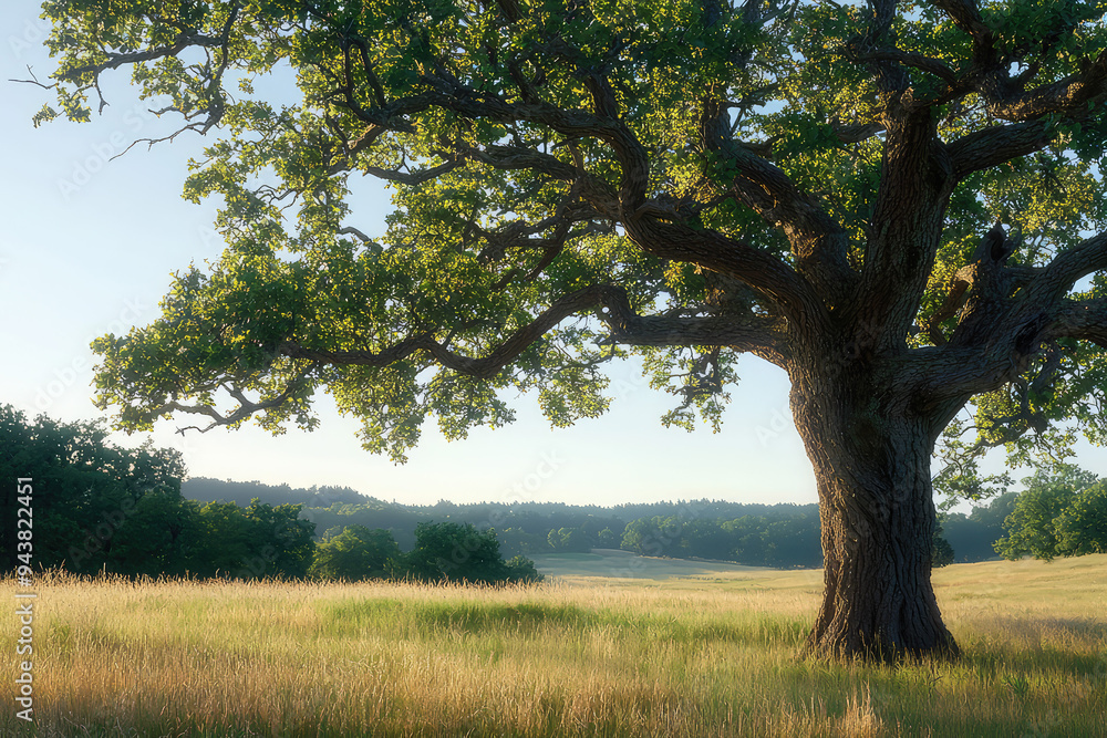 A solitary oak tree stands proudly in a sunlit meadow, showcasing its grandeur amidst a peaceful and serene landscape. A solitary oak tree stands proudly in a sunlit meadow, showcasing its grandeur amidst a peaceful and serene landscape.