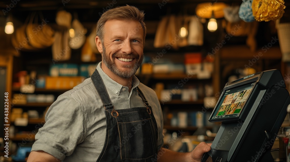Smiling male shop owner in an apron standing at a point-of-sale terminal in a cozy store. Smiling male shop owner in an apron standing at a point-of-sale terminal in a cozy store.