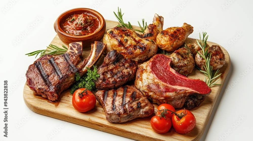 Succulent grilled meats arranged beautifully alongside fresh herbs and ripe tomatoes, perfect for a summer culinary experience Succulent grilled meats arranged beautifully alongside fresh herbs and ripe tomatoes, perfect for a summer culinary experience