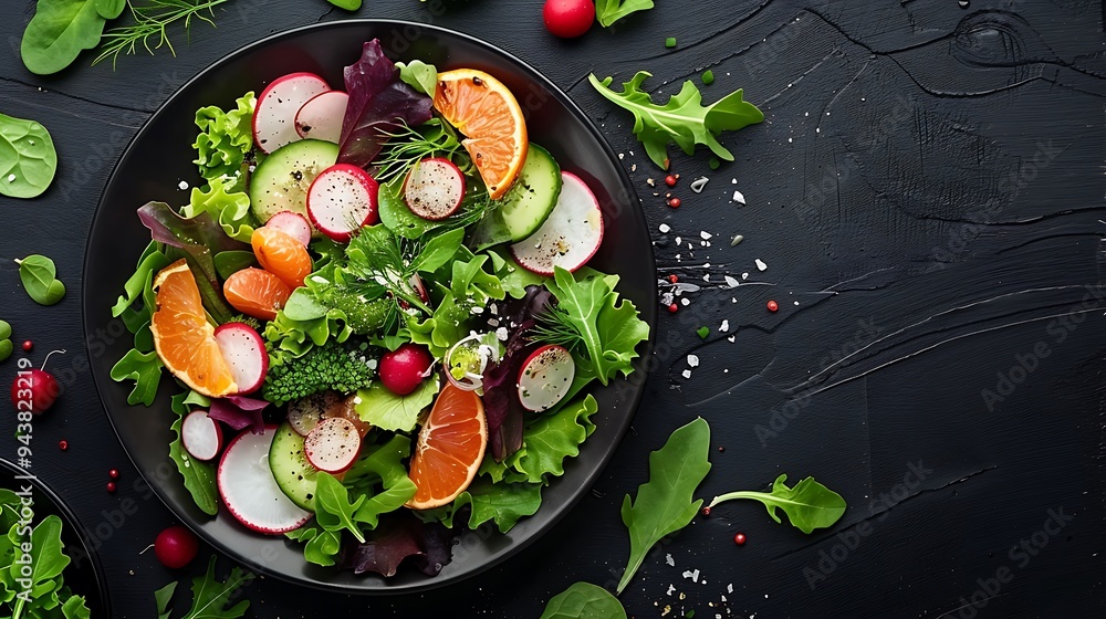 A dark plate filled with a mix of fresh greens, orange segments, radishes, and fennel, drizzled with citrus vinaigrette, photographed from above on a dark wooden table, A dark plate filled with a mix of fresh greens, orange segments, radishes, and fennel, drizzled with citrus vinaigrette, photographed from above on a dark wooden table,
