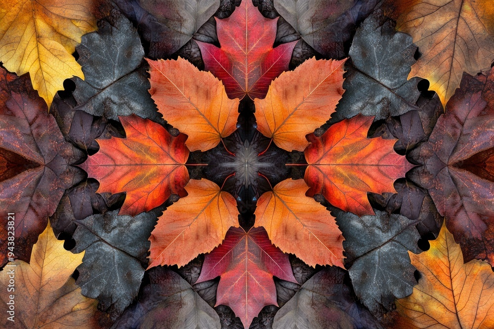 Symmetrical Arrangement of Autumn Leaves with Dark Background Symmetrical Arrangement of Autumn Leaves with Dark Background