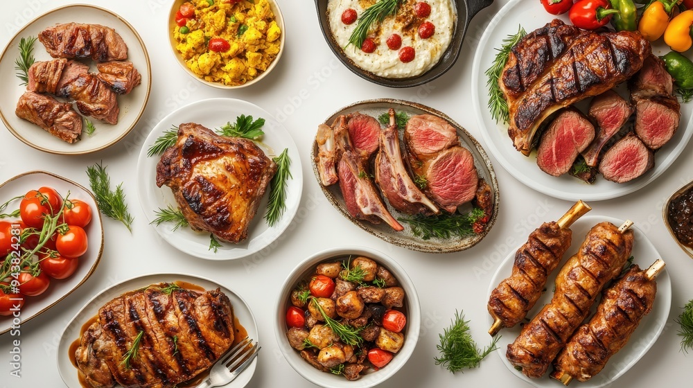 A selection of expertly prepared meat dishes accompanied by colorful sides, ideal for a celebratory feast with friends or family A selection of expertly prepared meat dishes accompanied by colorful sides, ideal for a celebratory feast with friends or family