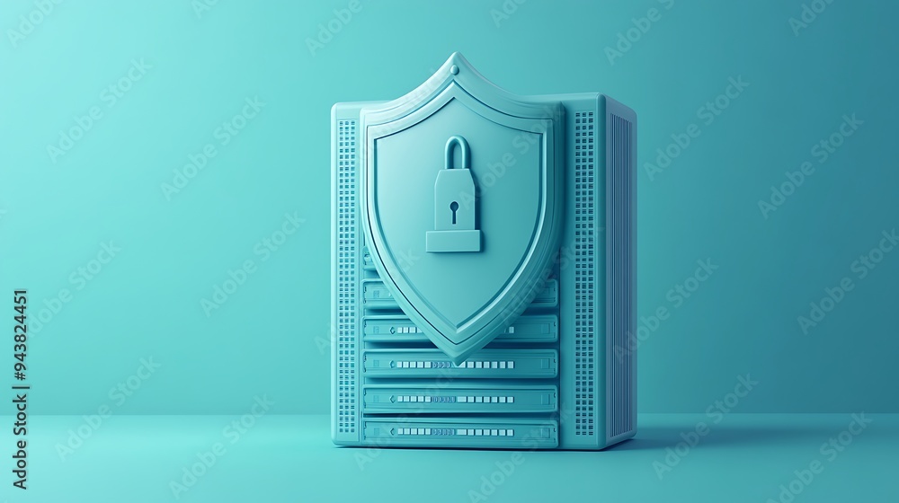 3D render of a data server with a protective shield and lock symbolizing cybersecurity and data protection. 3D render of a data server with a protective shield and lock symbolizing cybersecurity and data protection.