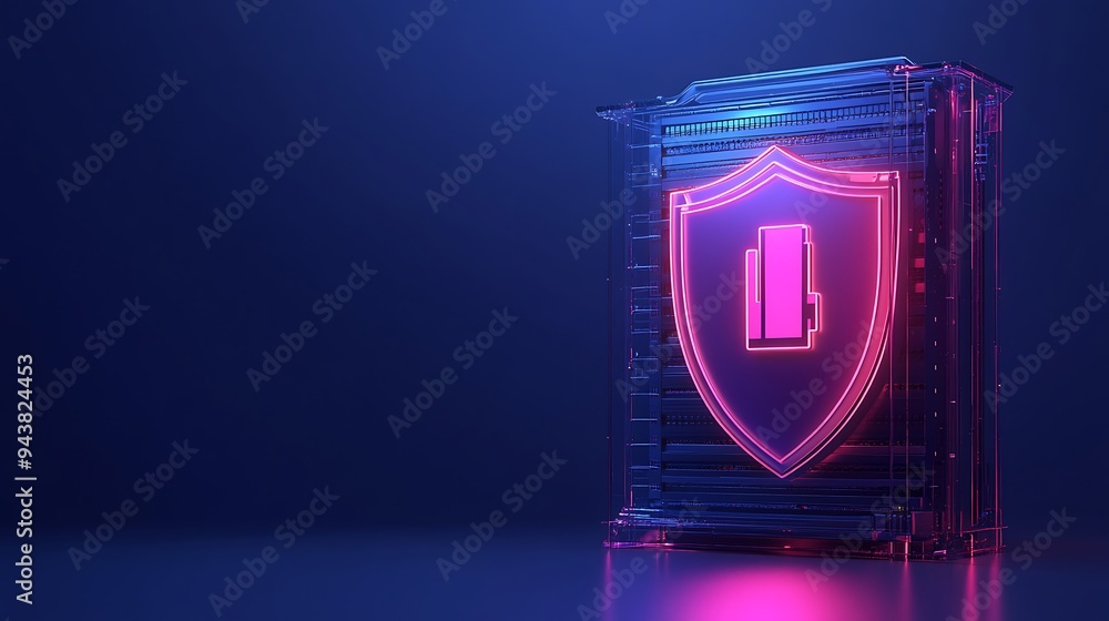 3D render of a digital security shield with a battery icon, representing technology protection and security in a glowing neon hue. 3D render of a digital security shield with a battery icon, representing technology protection and security in a glowing neon hue.