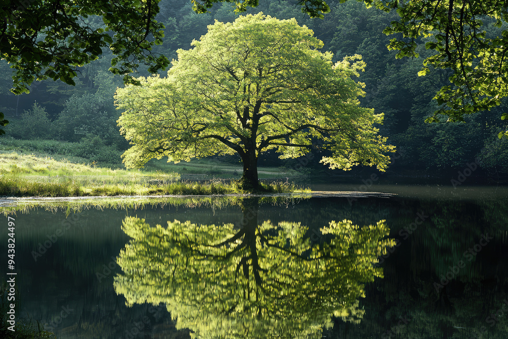 Fototapeta premium A tranquil morning scene showcasing a grand tree reflected perfectly in a serene lake, surrounded by lush greenery and calmness.