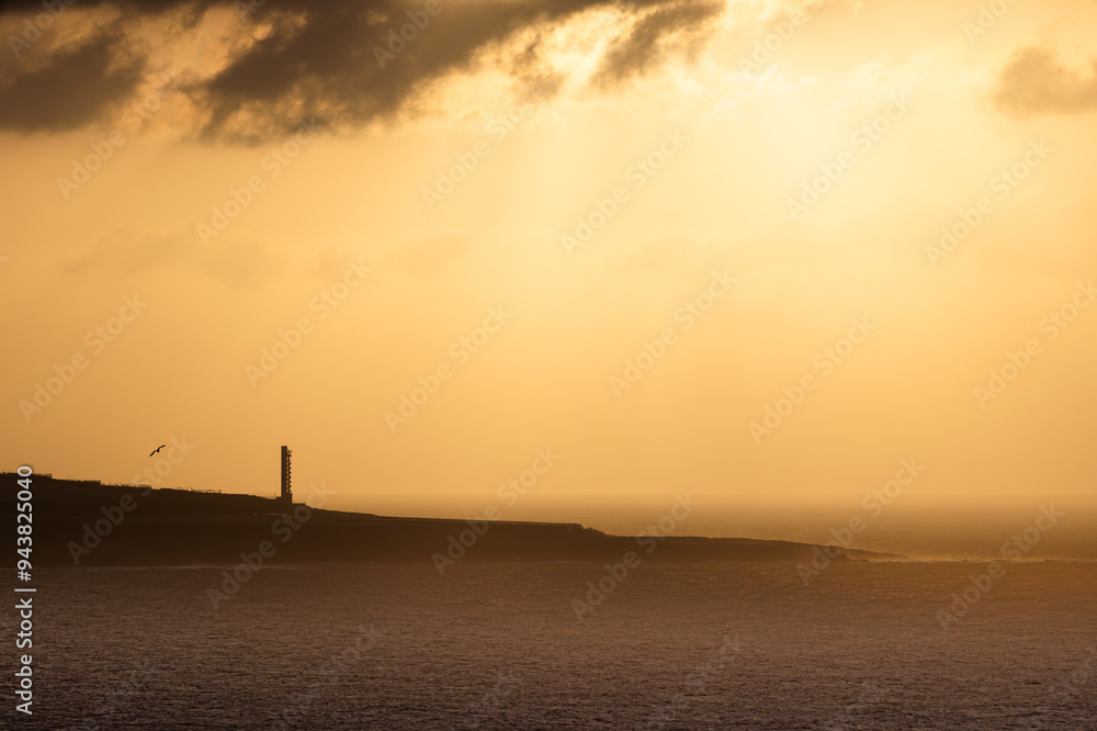 A lighthouse stands on a rocky shore with a cloudy sky in the background at sunset where a solitary seagull flies A lighthouse stands on a rocky shore with a cloudy sky in the background at sunset where a solitary seagull flies