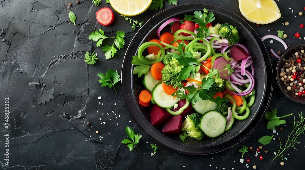 A dark plate filled with a mix of spiralized zucchini, carrots, and beets, lightly dressed with lemon and olive oil, photographed from above on a dark wooden table, A dark plate filled with a mix of spiralized zucchini, carrots, and beets, lightly dressed with lemon and olive oil, photographed from above on a dark wooden table,