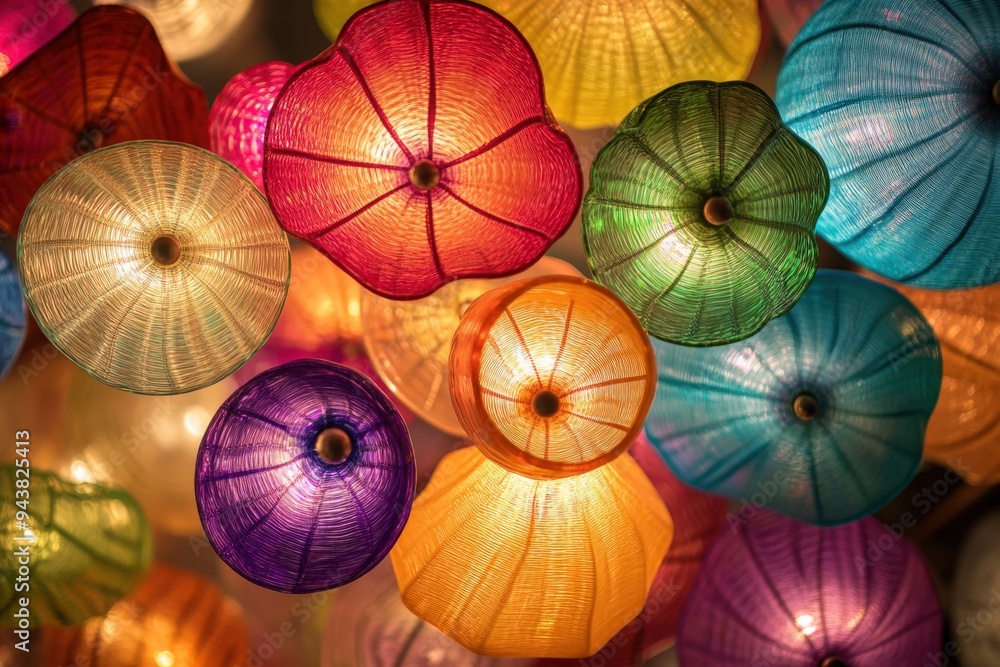 A close-up of a group of hanging glass lanterns. A close-up of a group of hanging glass lanterns.