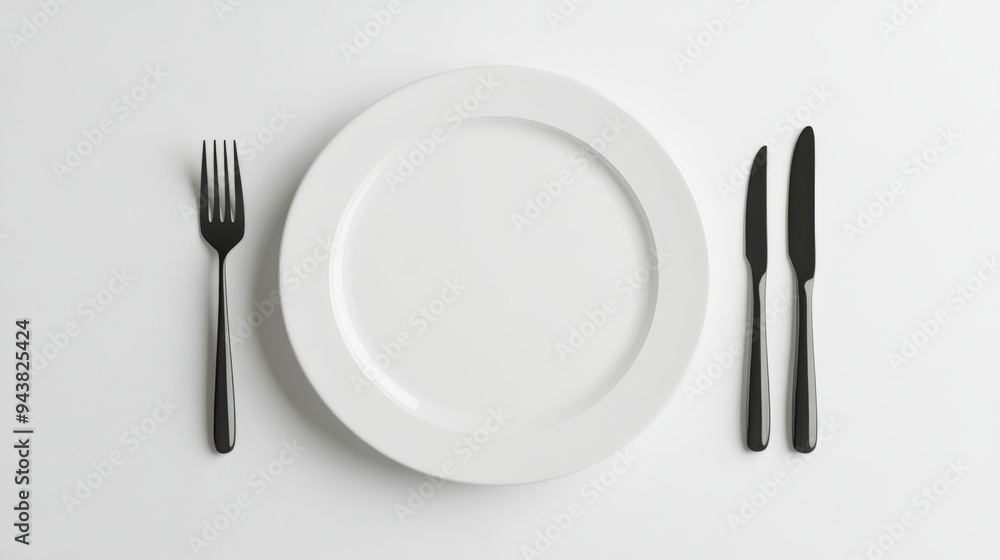 A 3D simple style icon of a white ceramic plate with a fork and knife neatly placed on either side isolated against a white background symbolizing dining and kitchenware. A 3D simple style icon of a white ceramic plate with a fork and knife neatly placed on either side isolated against a white background symbolizing dining and kitchenware.