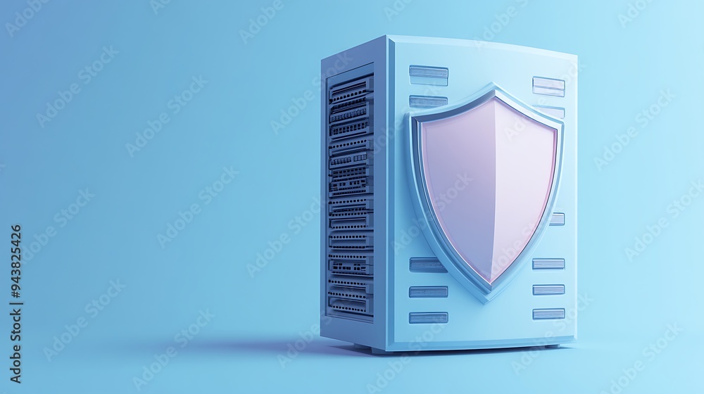 3D rendering of a computer server with a shield on a blue background, representing cybersecurity and data protection.