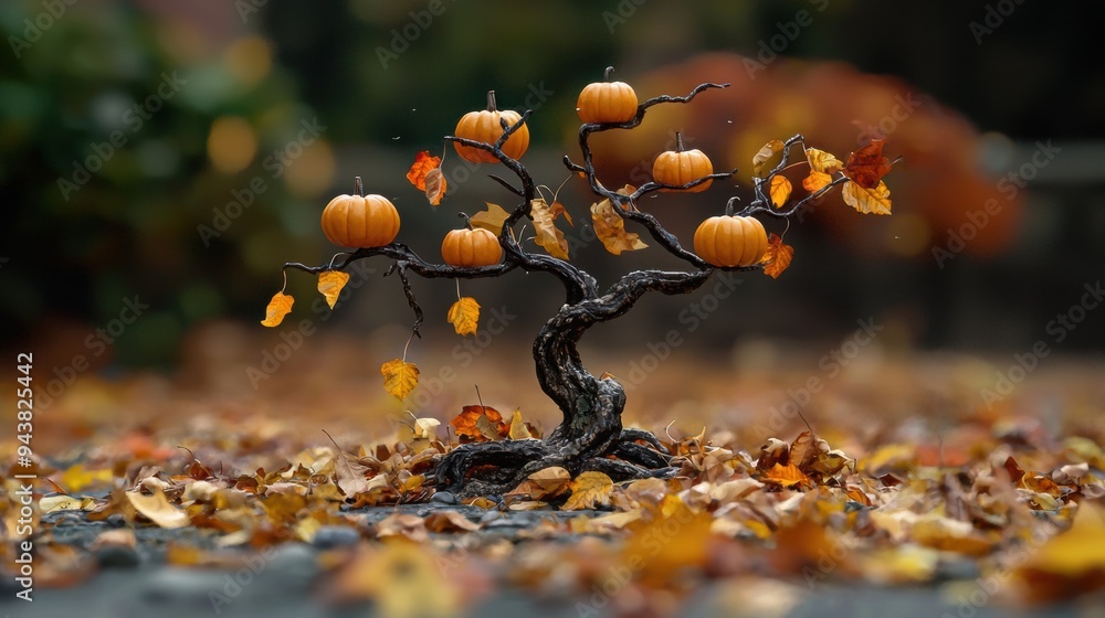 Enchanted Small Twisted Tree with Tiny Pumpkins in Forest Enchanted Small Twisted Tree with Tiny Pumpkins in Forest