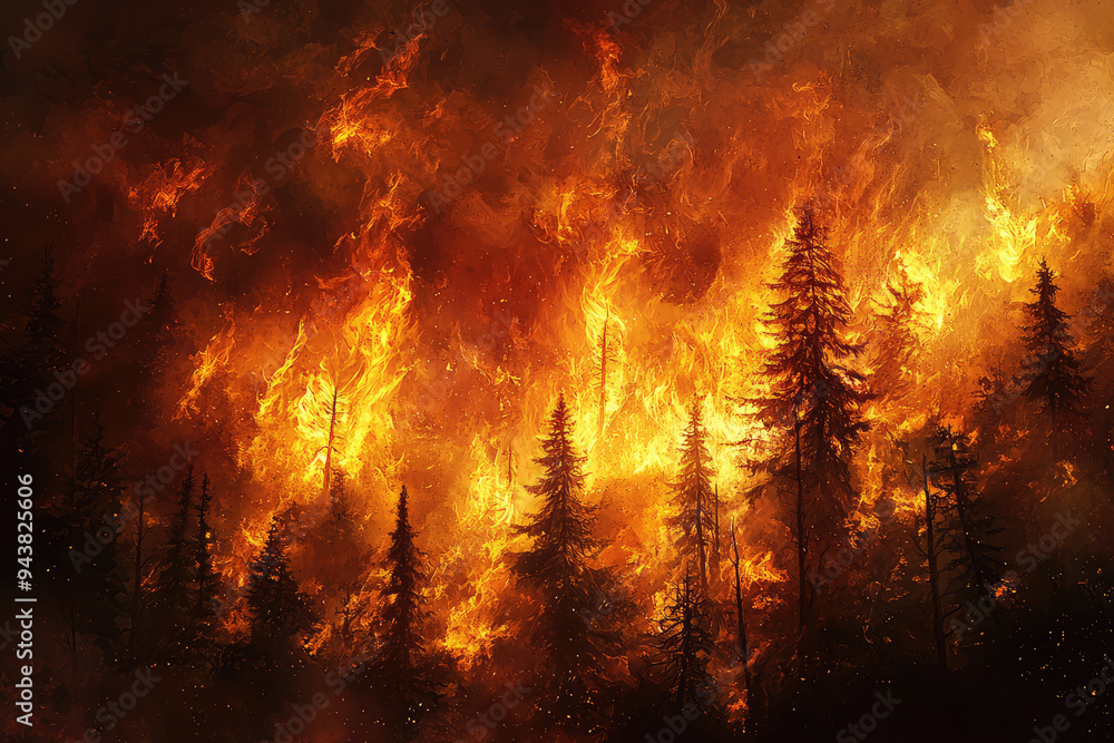 A fierce wildfire engulfs a dense forest, showcasing the devastating beauty of nature's fire in this dramatic depiction. A fierce wildfire engulfs a dense forest, showcasing the devastating beauty of nature's fire in this dramatic depiction.