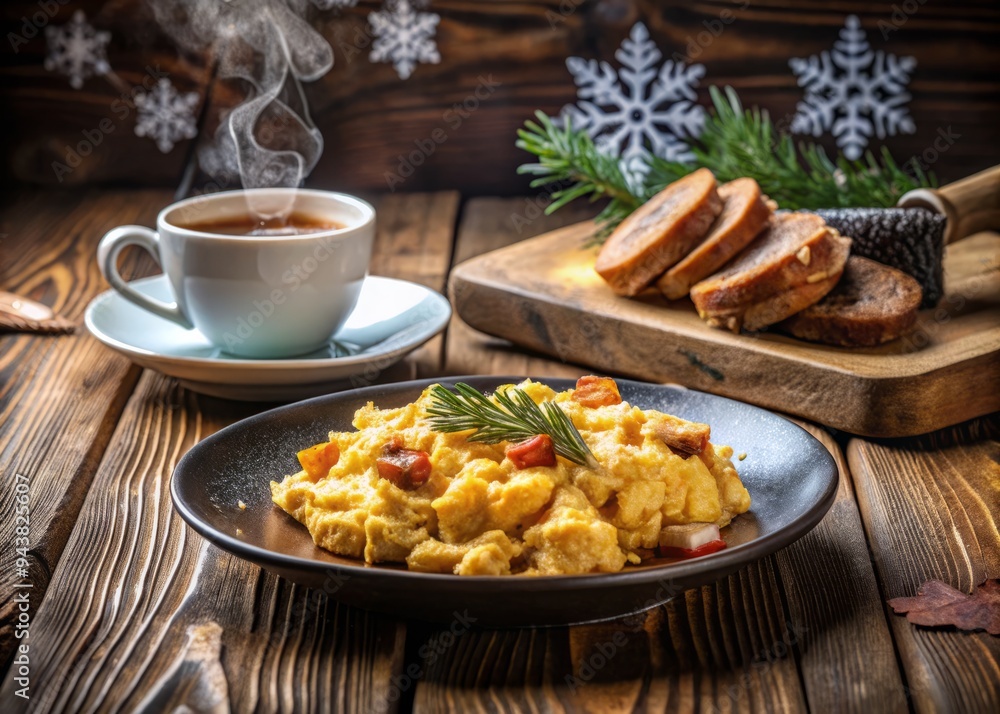 cozy winter morning atmosphere warm soft light rustic wooden table low angle shot golden scrambled eggs crispy chorizo savory duck pieces steaming hot coffee cup snowflake-patterned plate cozy winter morning atmosphere warm soft light rustic wooden table low angle shot golden scrambled eggs crispy chorizo savory duck pieces steaming hot coffee cup snowflake-patterned plate