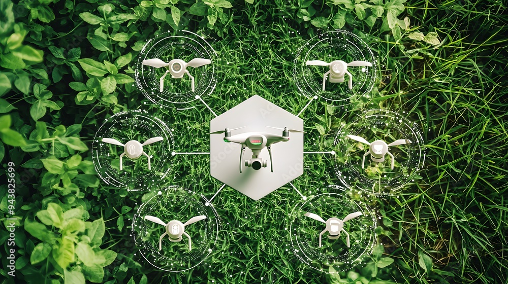 Naklejka premium Aerial drone surrounded by smaller drones on lush green grass.