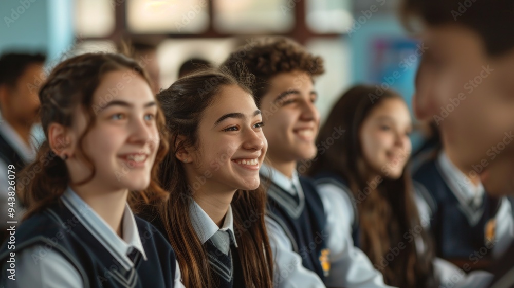 A group of students are sitting in a classroom and smiling A group of students are sitting in a classroom and smiling