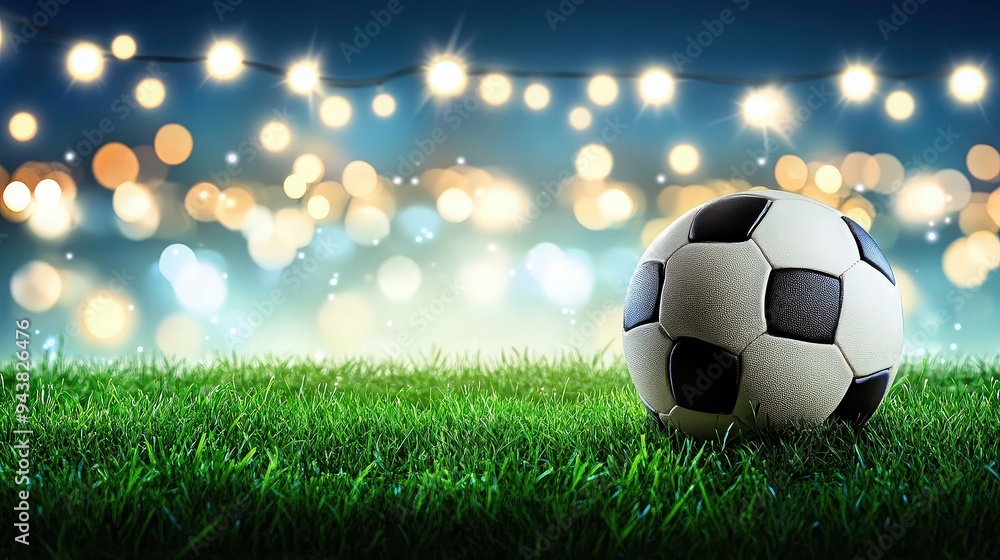Fototapeta premium Soccer ball on grass with festive lights