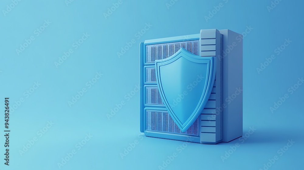 3D rendering of server with a shield symbol. Concept of cybersecurity, data protection, and secure storage in a digital environment. 3D rendering of server with a shield symbol. Concept of cybersecurity, data protection, and secure storage in a digital environment.