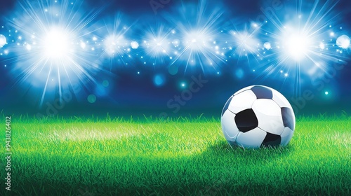 Soccer ball on grass under bright stadium lights